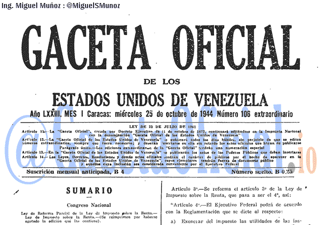 Gaceta Oficial 106 del 25 Octubre 1944