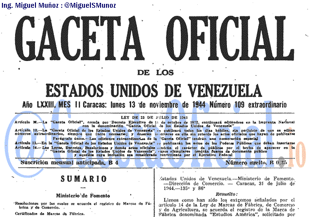 Gaceta Oficial 109 del 13 Noviembre 1944