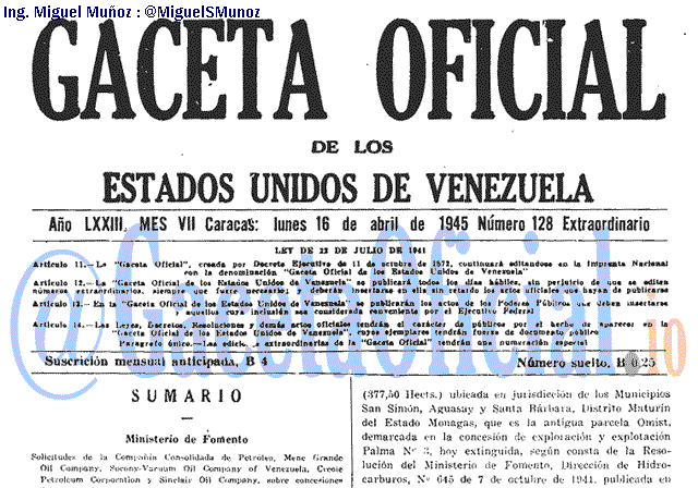 Gaceta Oficial 128 del 16 Abril 1945