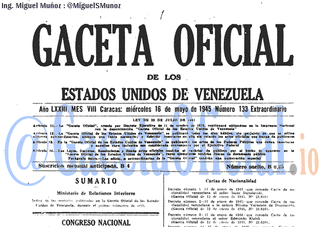 Gaceta Oficial 133 del 16 Mayo 1945