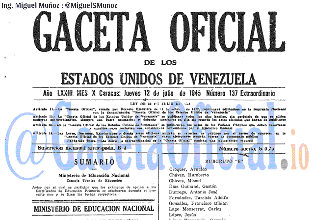 Gaceta Oficial 137 del 12 Julio 1945