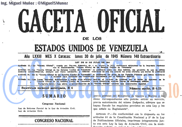 Gaceta Oficial 140 del 30 Julio 1945