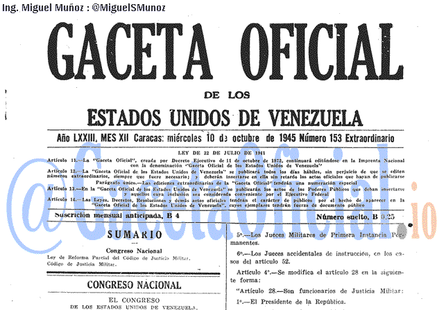 Gaceta Oficial 153 del 10 Octubre 1945