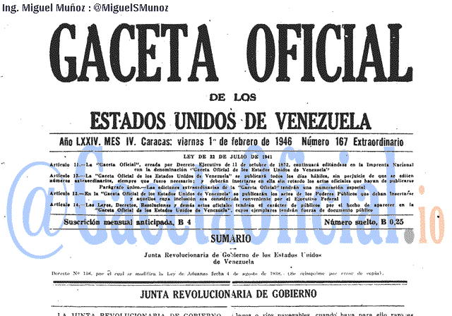 Gaceta Oficial 167 del 1 Febrero 1946