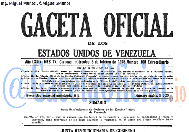 Gaceta Oficial 168 del 6 Febrero 1946