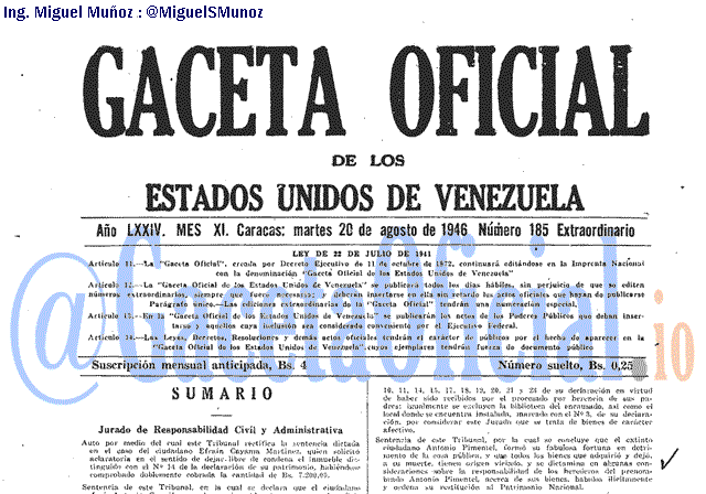 Gaceta Oficial 185 del 20 Agosto 1946
