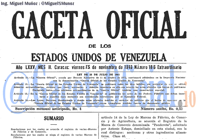 Gaceta Oficial 186 del 15 Noviembre 1946