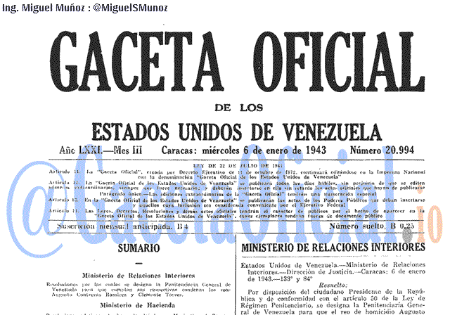 Gaceta Oficial 20994 del 6 Enero 1943