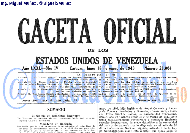 Gaceta Oficial 21004 del 18 Enero 1943