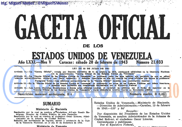 Gaceta Oficial 21033 del 20 Febrero 1943