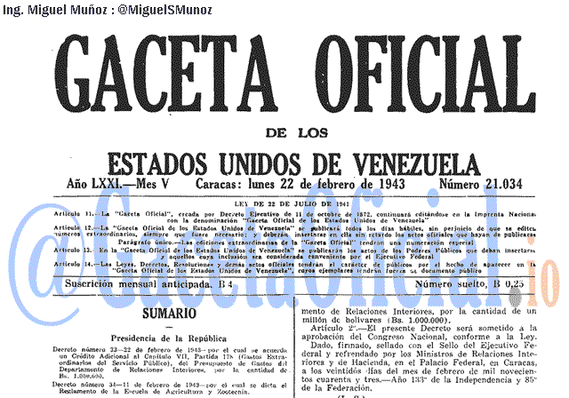 Gaceta Oficial 21034 del 22 Febrero 1943