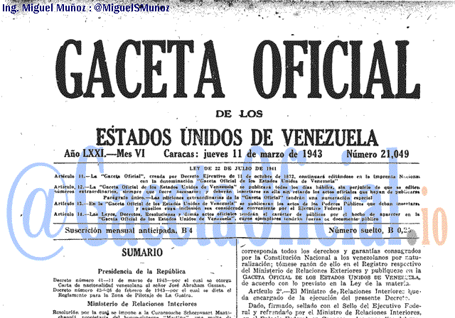 Gaceta Oficial 21049 del 11 Marzo 1943