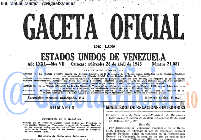 Gaceta Oficial 21087 del 28 Abril 1943