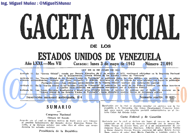 Gaceta Oficial 21091 del 3 Mayo 1943