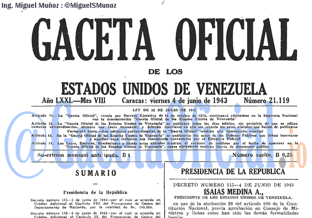 Gaceta Oficial 21119 del 4 Junio 1943