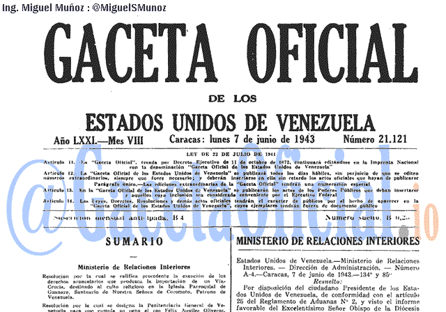 Gaceta Oficial 21121 del 7 Junio 1943