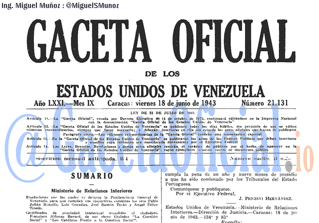 Gaceta Oficial 21131 del 18 Junio 1943