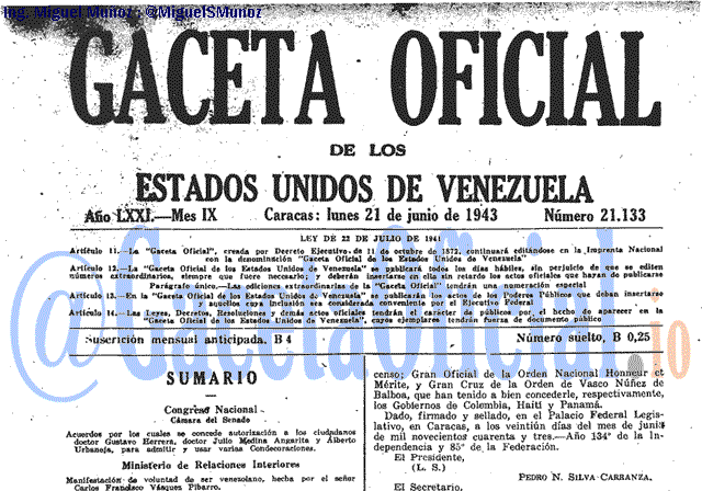 Gaceta Oficial 21133 del 21 Junio 1943