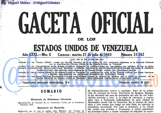 Gaceta Oficial 21162 del 27 Julio 1943