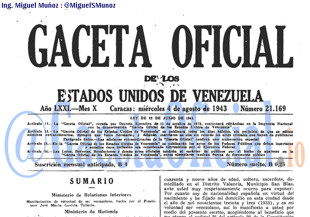 Gaceta Oficial 21169 del 4 Agosto 1943