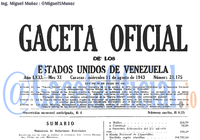 Gaceta Oficial 21175 del 11 Agosto 1943