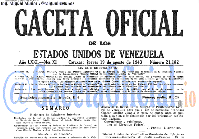 Gaceta Oficial 21182 del 19 Agosto 1943