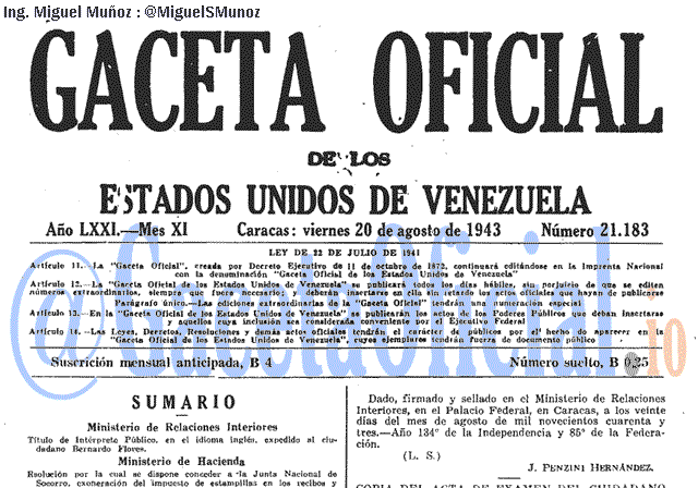 Gaceta Oficial 21183 del 20 Agosto 1943