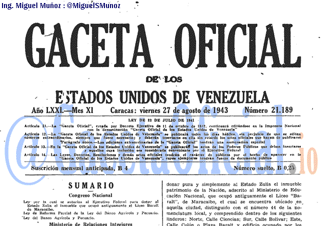 Gaceta Oficial 21189 del 27 Agosto 1943