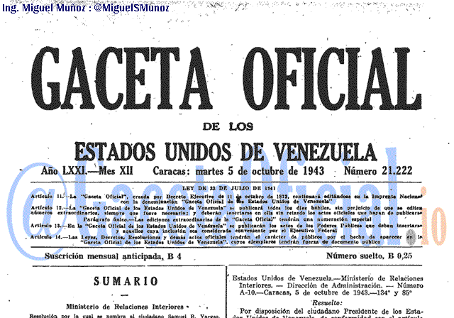 Gaceta Oficial 21222 del 5 Octubre 1943