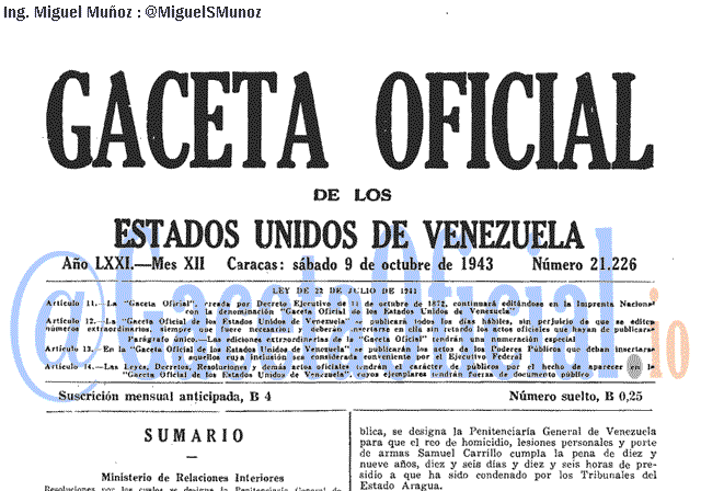 Gaceta Oficial 21226 del 9 Octubre 1943