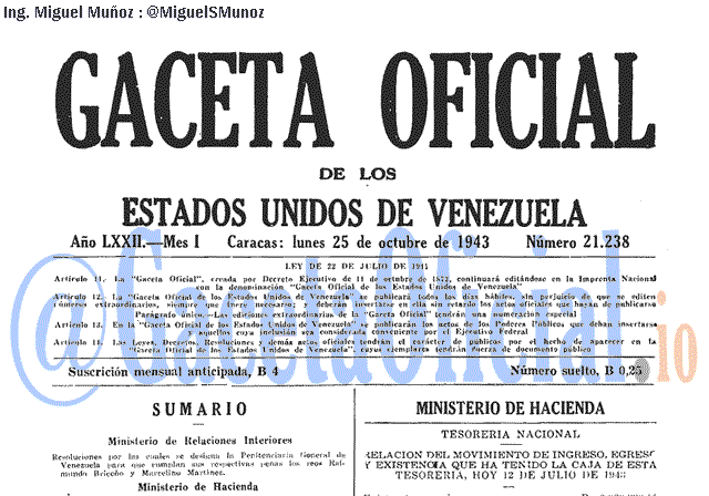 Gaceta Oficial 21238 del 25 Octubre 1943