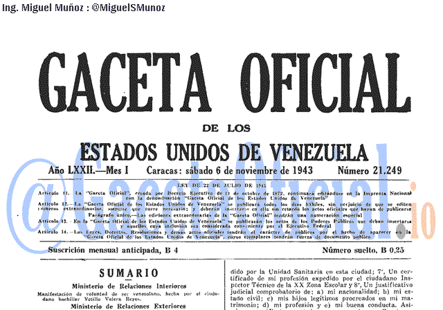 Gaceta Oficial 21249 del 6 Noviembre 1943