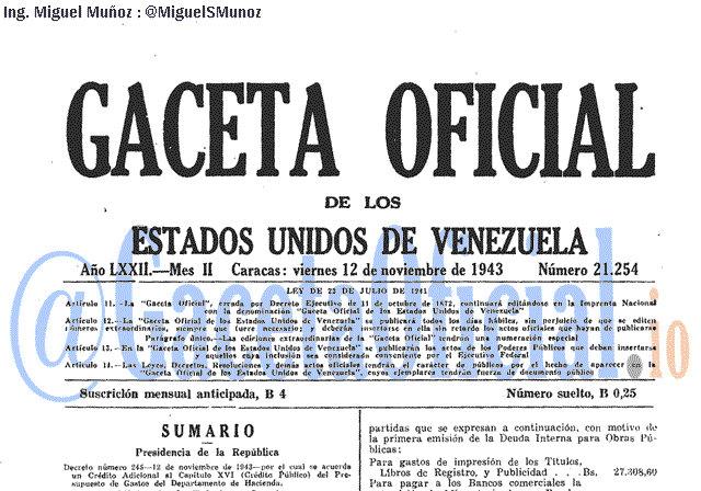 Gaceta Oficial 21254 del 12 Noviembre 1943