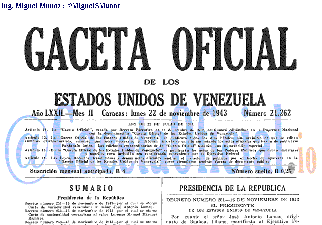 Gaceta Oficial 21262 del 22 Noviembre 1943