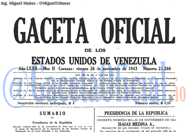 Gaceta Oficial 21266 del 26 Noviembre 1943