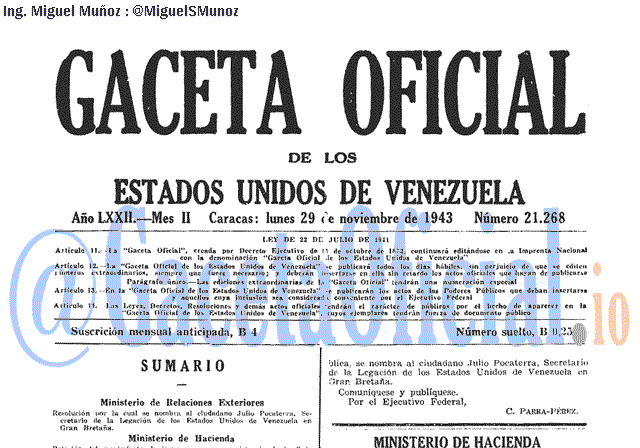 Gaceta Oficial 21268 del 29 Noviembre 1943