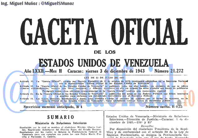 Gaceta Oficial 21272 del 3 Diciembre 1943
