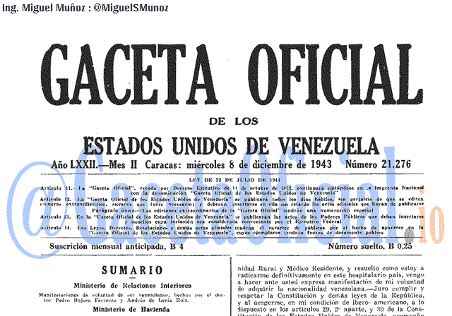 Gaceta Oficial 21276 del 8 Diciembre 1943