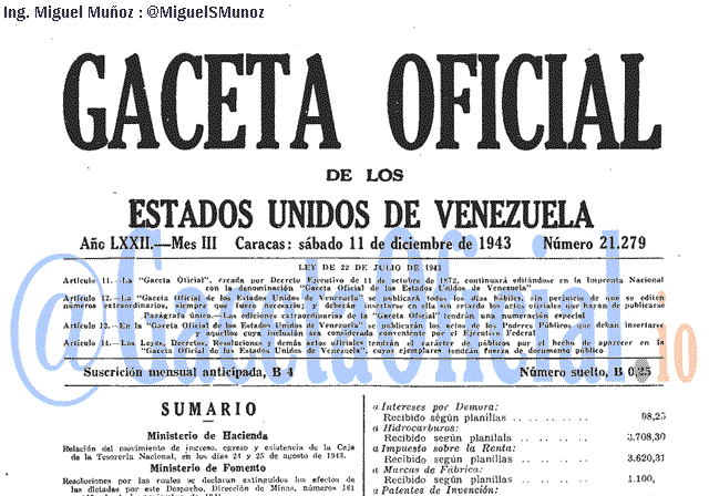 Gaceta Oficial 21279 del 11 Diciembre 1943