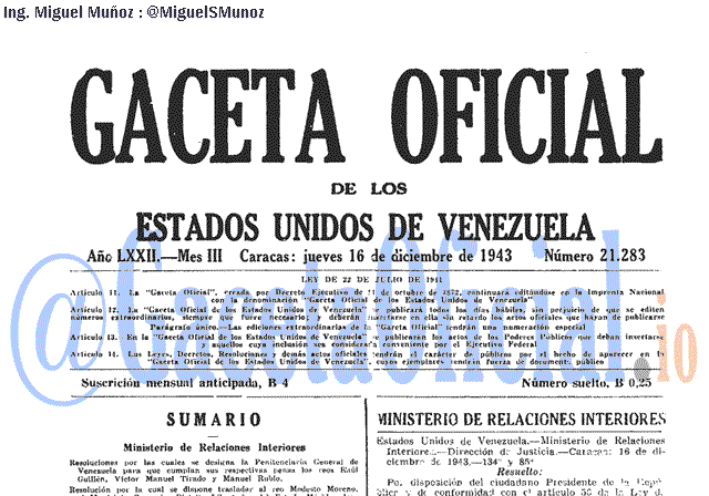 Gaceta Oficial 21283 del 16 Diciembre 1943
