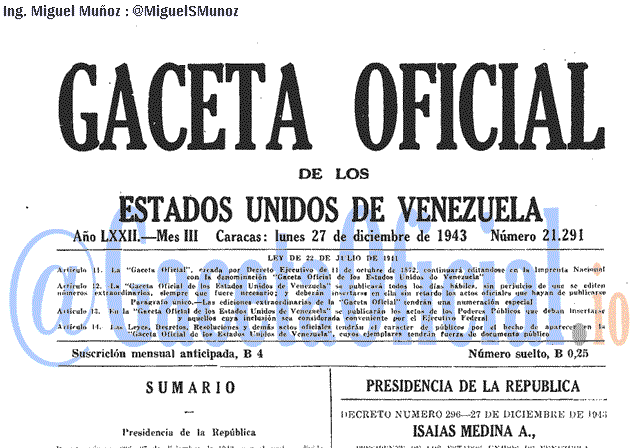 Gaceta Oficial 21291 del 27 Diciembre 1943