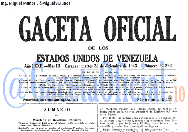 Gaceta Oficial 21292 del 28 Diciembre 1943