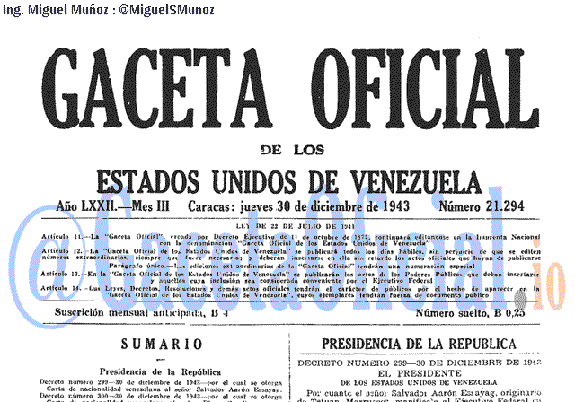 Gaceta Oficial 21294 del 30 Diciembre 1943