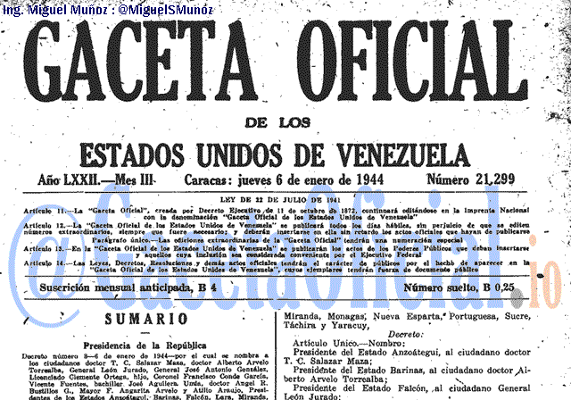 Gaceta Oficial 21299 del 6 Enero 1944