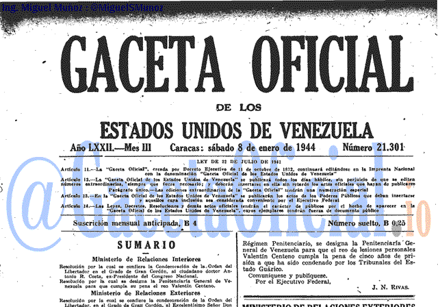 Gaceta Oficial 21301 del 8 Enero 1944