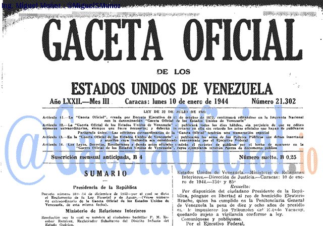 Gaceta Oficial 21302 del 10 Enero 1944
