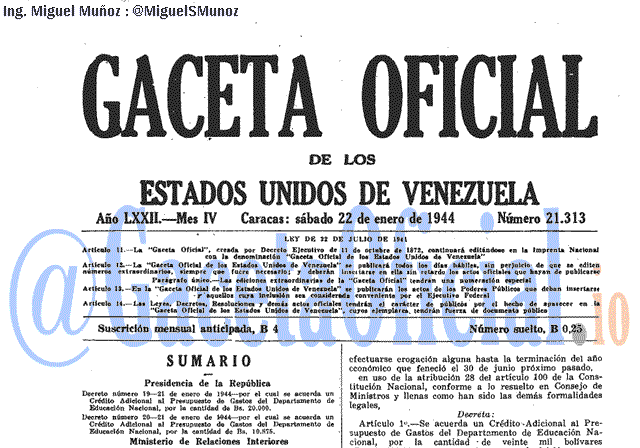 Gaceta Oficial 21313 del 22 Enero 1944