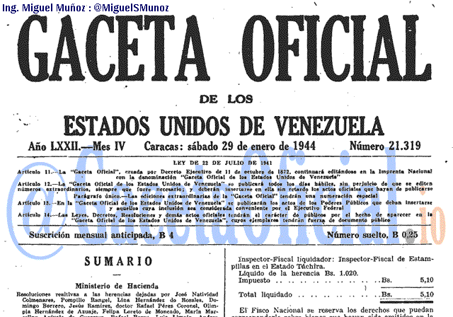 Gaceta Oficial 21319 del 29 Enero 1944