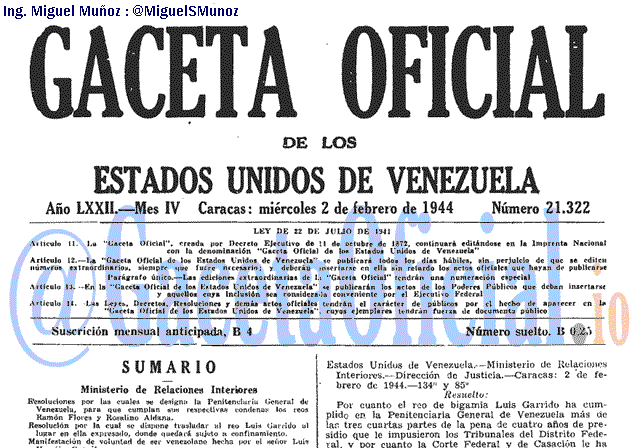 Gaceta Oficial 21322 del 2 Febrero 1944