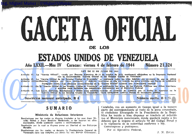 Gaceta Oficial 21324 del 4 Febrero 1944